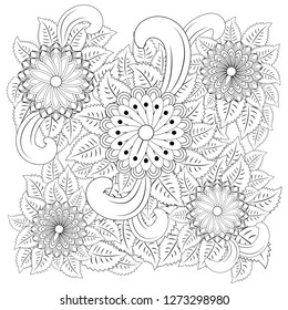 Black and white circle flower ornament, ornamental round lace design. Floral mandala