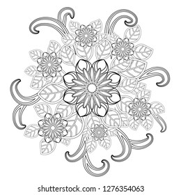 Black and white circle flower ornament, ornamental round lace design. Floral mandala