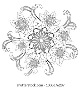 Black and white circle flower ornament, ornamental round lace design. Floral mandala
