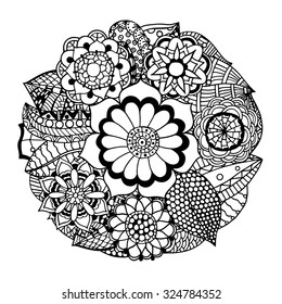 Black and white circle flower ornament, ornamental round lace design. Floral mandala. Hand drawn ink pattern made by trace from personal sketch.