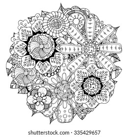 Black and white circle flower ornament, ornamental round lace design. Floral mandala. Hand drawn ink pattern made by trace from personal sketch.