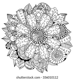 Black and white circle flower ornament, ornamental round lace design. Floral mandala. Hand drawn ink pattern made by trace from personal sketch.