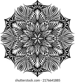 Black and white circle flower pattern in vintage mandala style for tattoos, fabrics or decorations and more. Vector illustration.