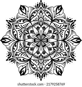 Black and white circle flower pattern in vintage mandala style for tattoos, fabrics or decorations and more. Vector illustration.