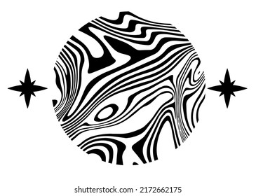 Black and white circle with glitched curves and wavy lines. Abstract geometric illustration for poster or logotype.
