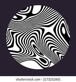 Black and white circle with glitched curves and wavy lines. Abstract geometric illustration for poster or logotype.