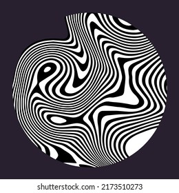 Black and white circle with glitched curves and wavy lines. Abstract geometric illustration for poster or logotype.