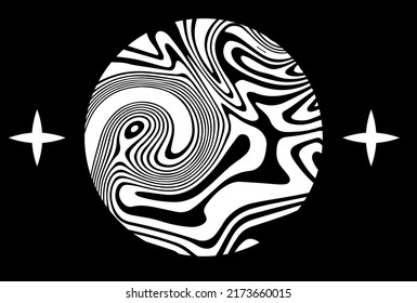 Black and white circle with glitched curves and wavy lines. Abstract geometric illustration for poster or logotype.