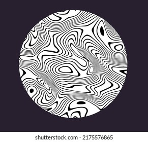 Círculo blanco y negro con curvas rayadas y líneas onduladas. Ilustración geométrica abstracta para afiche o logotipo.