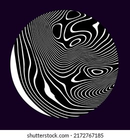 Black and white circle with glitched and distorted texture. Abstract trippy illustration for poster or logotype.