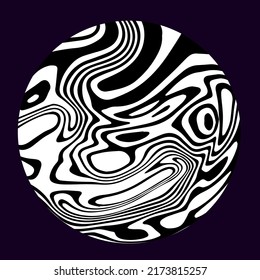 Black and white circle with glitched and distorted texture. Abstract trippy illustration for poster or logotype.