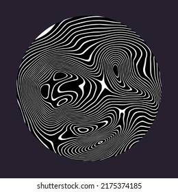 Black and white circle with glitched and distorted texture. Abstract trippy illustration for poster or logotype.