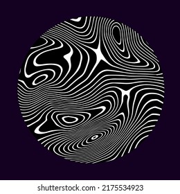 Black and white circle with glitched and distorted texture. Abstract trippy illustration for poster or logotype.