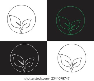 A black and white circle with green leaves in it
