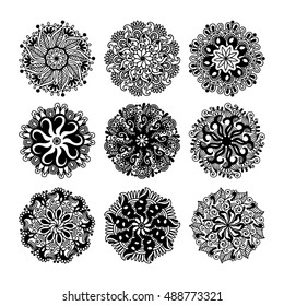 black and white circle lace pattern collection, christmas design snowflake set, ethnic background vector illustration