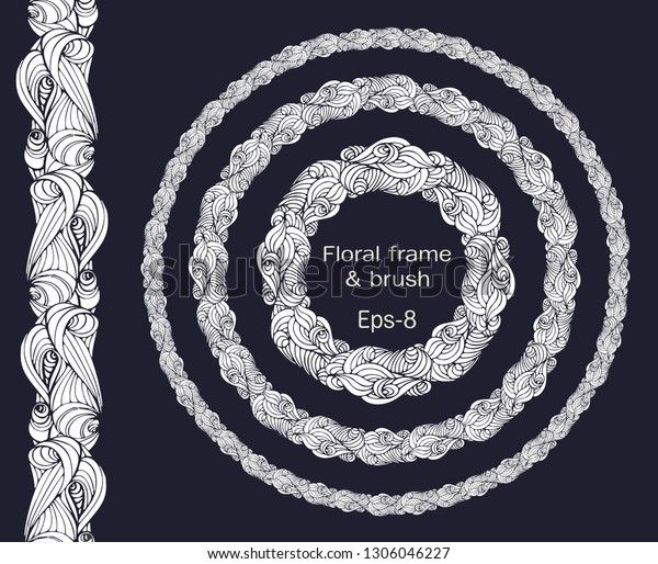 Black and white Circle Ornament frame with\
brushes element and space for text,\
eps-8