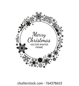 Black And White Circle Snowflake Frame Isolated On Red Background, Christmas Design. Vector Illustration, Merry Xmas Snow Flake Framework