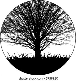 A black and white circle with tree, sky and grass