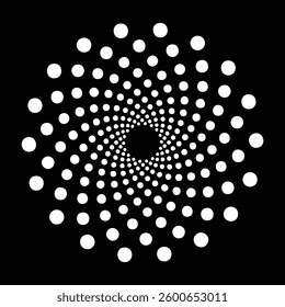 Black and white circle vector logo design. Dotted circular logo set. Circular concentric dots isolated on the black background. Halftone circle dots texture. Vector design element for various purposes