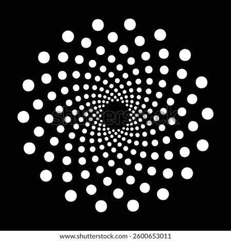 Black and white circle vector logo design. Dotted circular logo set. Circular concentric dots isolated on the black background. Halftone circle dots texture. Vector design element for various purposes