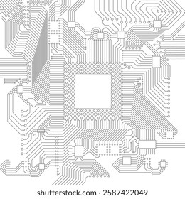 Black and white circuit board illustration with intricate electronic pathways and a central microchip, modern technology, digital computing, and electronic engineering