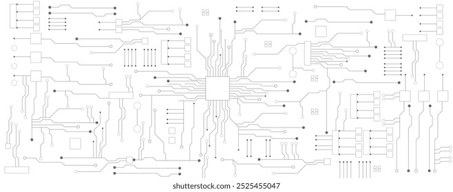 black and white circuit electronic or electrical line with circle glowing engineering technology concept vector background 