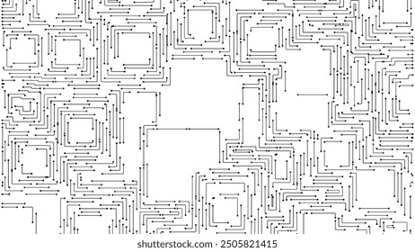 Black and White Circuit Electronic Pattern Background. Electrical Line with Circuit Board Engineering Technology Concept. Vector Illustration.