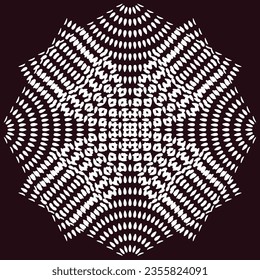 A black and white circular abstract design on a maroon background