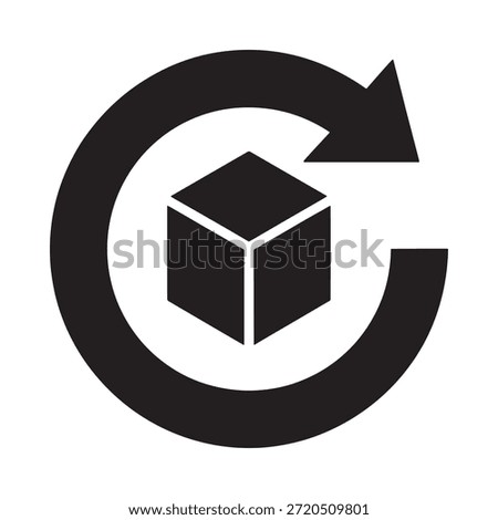 Black and white circular arrow encompassing a cube representing process or recycling