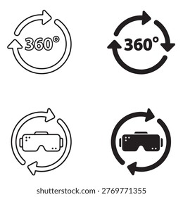 Black and white circular arrow and vr headset icons symbolizing 360 degree view and immersive technology