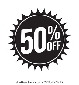 Crachá circular preto e branco exibindo cinquenta por cento de promoção