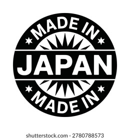 Black and white circular badge reading 'Made in Japan' with star accents, a flat vector