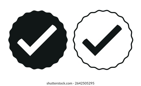 Black and white circular checkmark icons with wavy borders, used for validation approval or confirmation design	
 - Powered by Shutterstock - Get 15% off with code: PIKWIZARD15