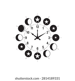 Black and White Circular Clock Face Displaying Moon Phases and Stars Instead of Numbers on a White Background