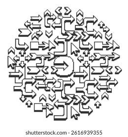 Black and white circular composition of pointer arrows on a white background in pixel style