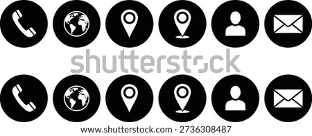 Black and white circular contact icons set for business cards featuring phone globe location pin profile person and email symbols