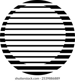 A black and white circular design features horizontal stripes that create an illusion of a three-dimensional sphere through clever spacing and line manipulation. Vector outline round template.