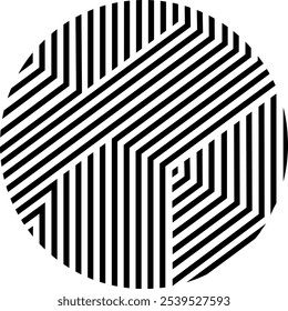 A black and white circular design featuring geometric striped patterns that create an abstract isometric illusion with parallel lines arranged at different angles. 