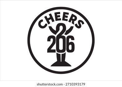 Um desenho circular preto e branco com o texto "cheers" e o número "206".