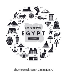 Black and white circular design pattern of filled icons on the theme of sights and symbols of Egypt with place for text. Sights and symbols of Egypt.