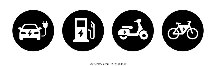 Black and white circular electric mobility icon set featuring an EV car, charging station, electric scooter and e-bike. Ideal for sustainable transportation, charging infrastructure, smart cities, clean energy, urban mobility and electric vehicle projects.