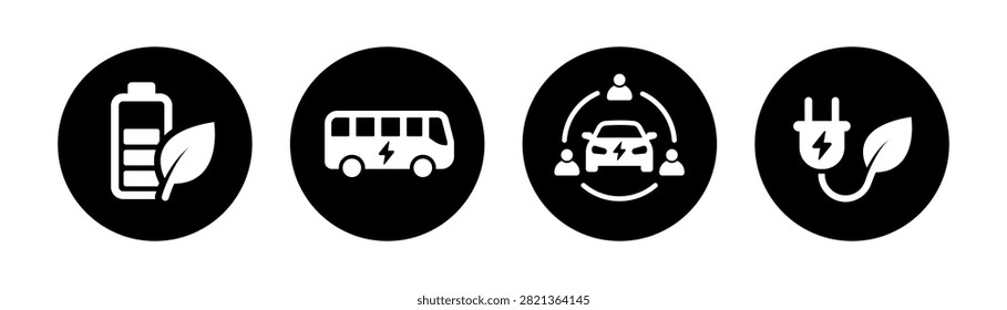 Black and white circular electric mobility icon set featuring an eco battery, electric bus, shared EV and green charging plug. Ideal for sustainable transportation, clean energy, electric fleets, car sharing, smart cities and zero-emission mobility projects.