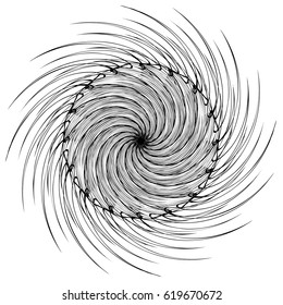 Black and white circular element. Concentric, radial lines with distortion. Abstract geometric illustration