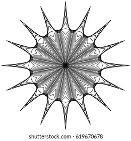 Black and white circular element. Concentric, radial lines with distortion. Abstract geometric illustration