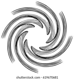 Black and white circular element. Concentric, radial lines with distortion. Abstract geometric illustration