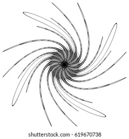 Black and white circular element. Concentric, radial lines with distortion. Abstract geometric illustration