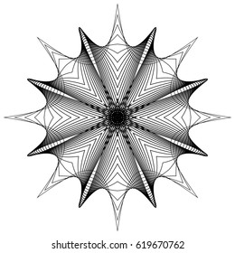 Black and white circular element. Concentric, radial lines with distortion. Abstract geometric illustration