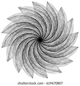 Black and white circular element. Concentric, radial lines with distortion. Abstract geometric illustration