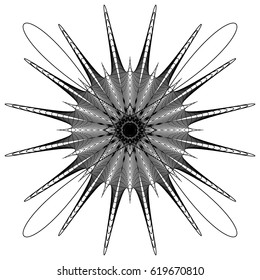 Black and white circular element. Concentric, radial lines with distortion. Abstract geometric illustration