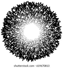 Black and white circular element. Concentric, radial lines with distortion. Abstract geometric illustration